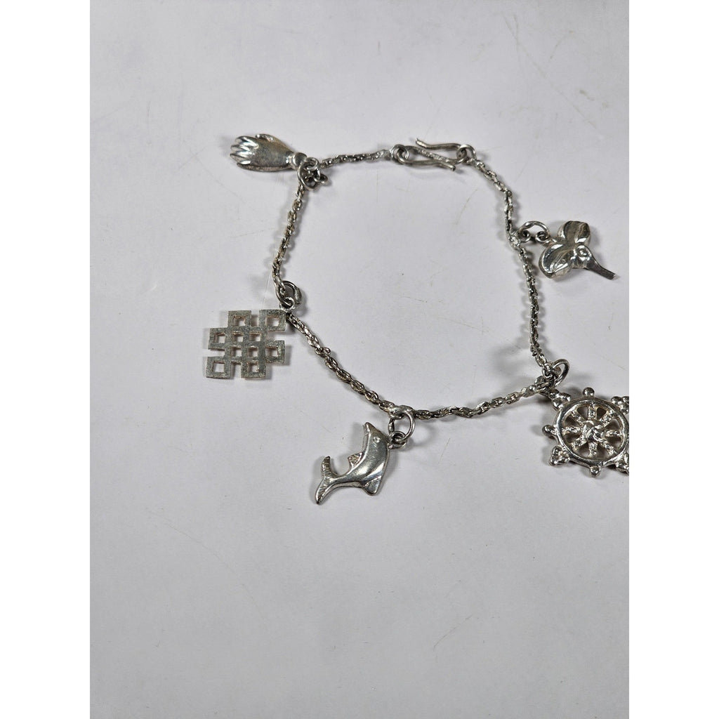 Vintage Silver Charm Bracelet Dolphin Clover Nautical Theme