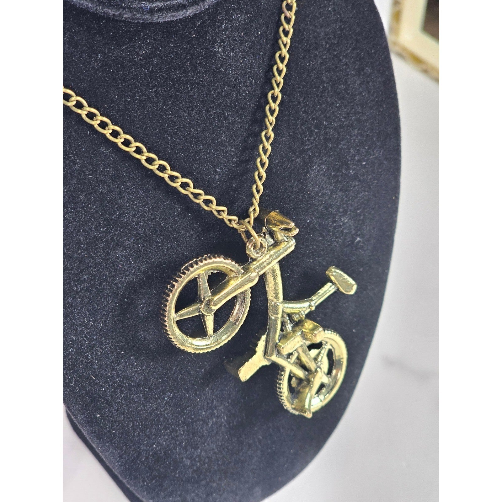 Vintage Bicycle Pendant Necklace Gold Tone Bike Charm Cyclist Jewelry