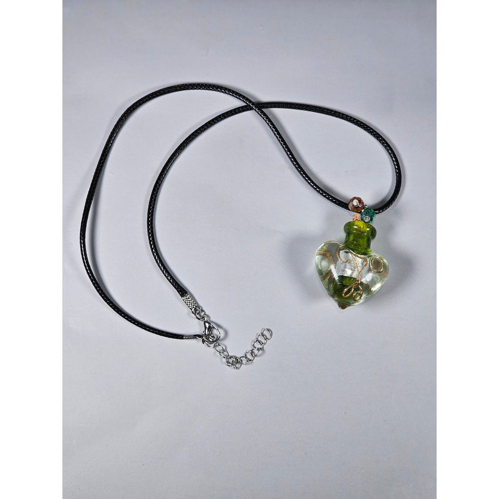 Green Glass Heart Bottle Necklace with Cork Stopper on Black Cord