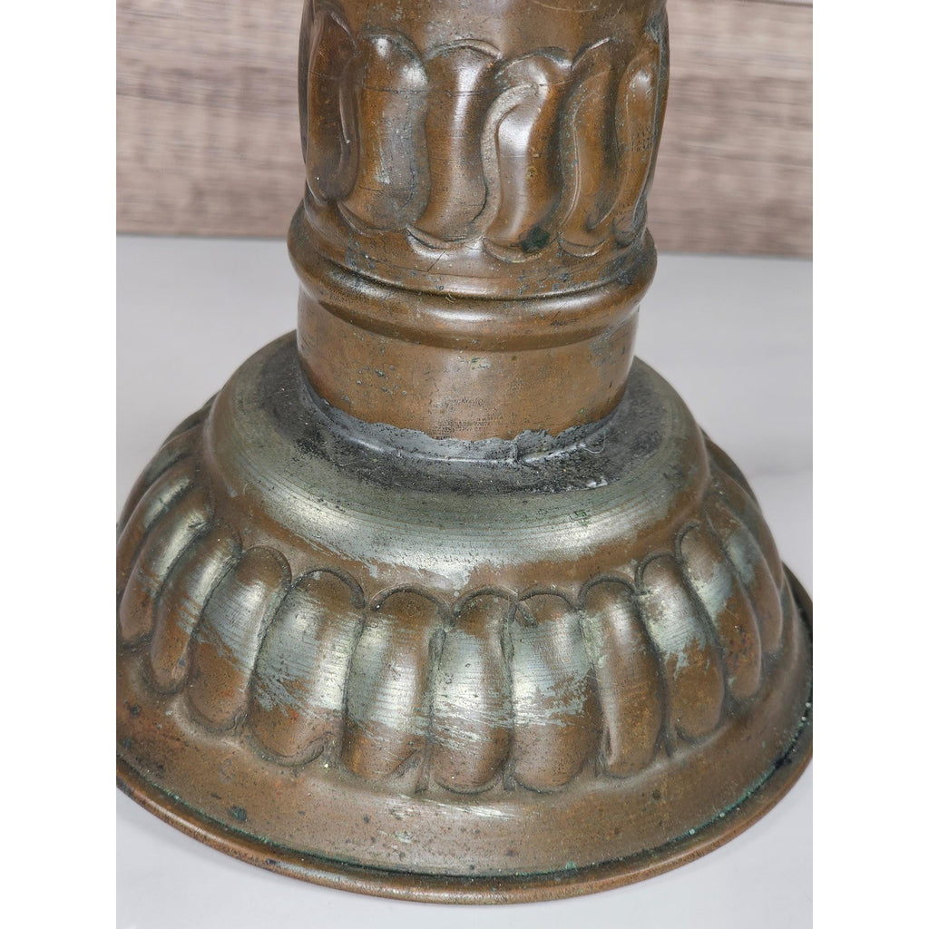 Antique Tinned Copper Candlestick Holder 12" Embossed Design