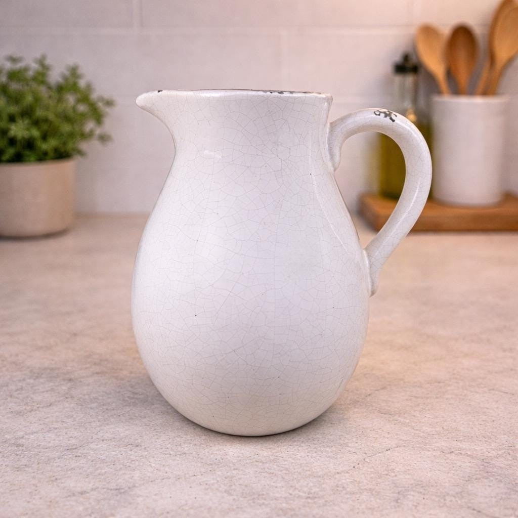 White Crackle Ceramic Pitcher Rustic Farmhouse Decor 10 Inch