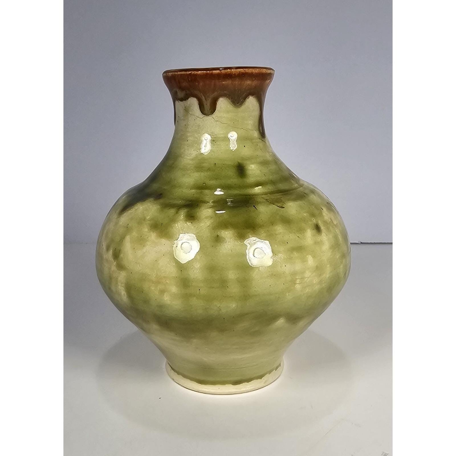 Vintage Drip Glaze Pottery Vase Green Brown 1960s Rustic Decor