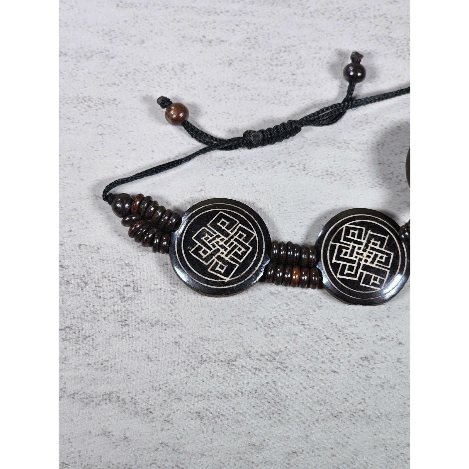 Vintage Carved Wood Symbol Bracelet Adjustable Cord Beaded