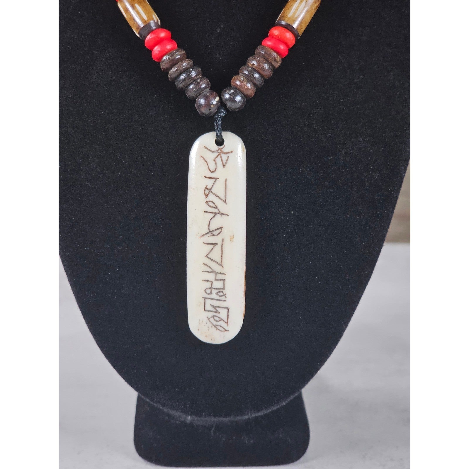 Vintage Tribal Script Pendant Necklace Wood & Red Beads