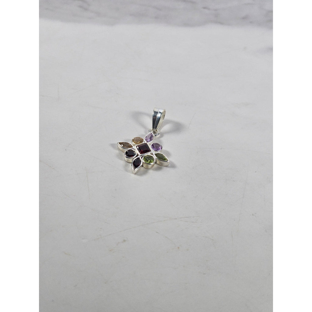 Vintage Sterling Silver Multi-Stone Gemstone Pendant, 925 Floral Design No Chain