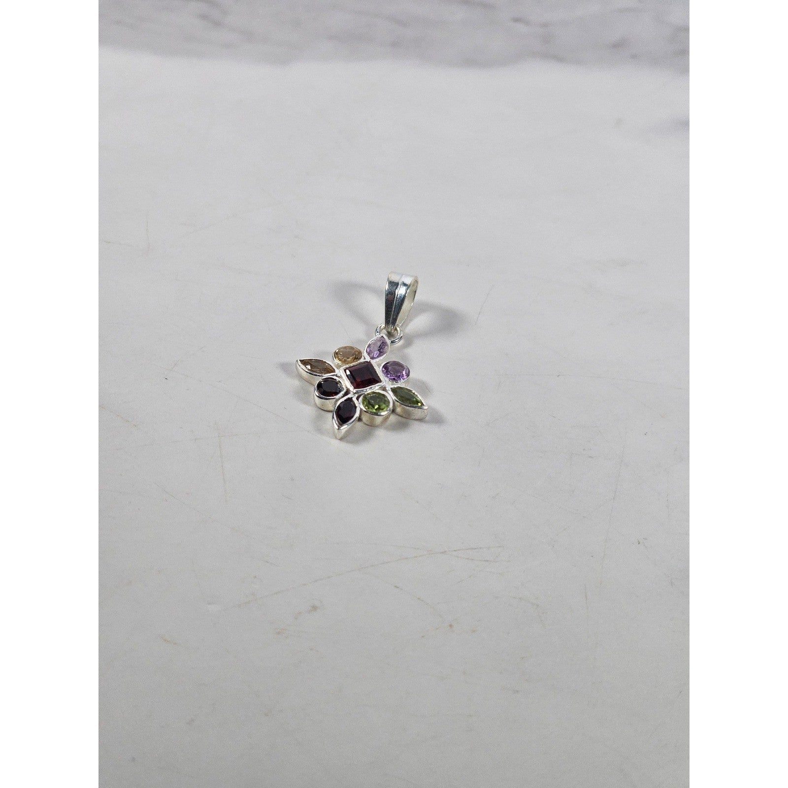 Vintage Sterling Silver Multi-Stone Gemstone Pendant, 925 Floral Design No Chain