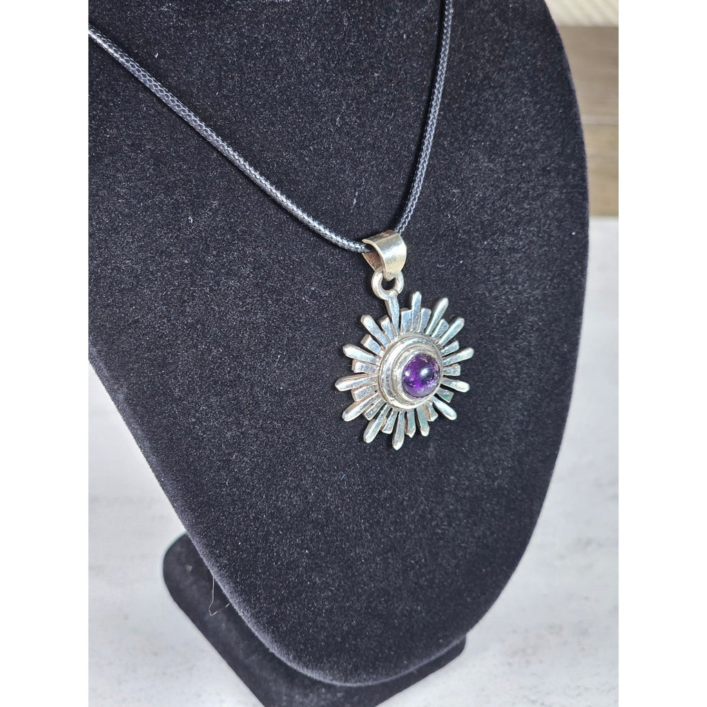 Vintage Sterling Silver Sunburst Amethyst Pendant Necklace