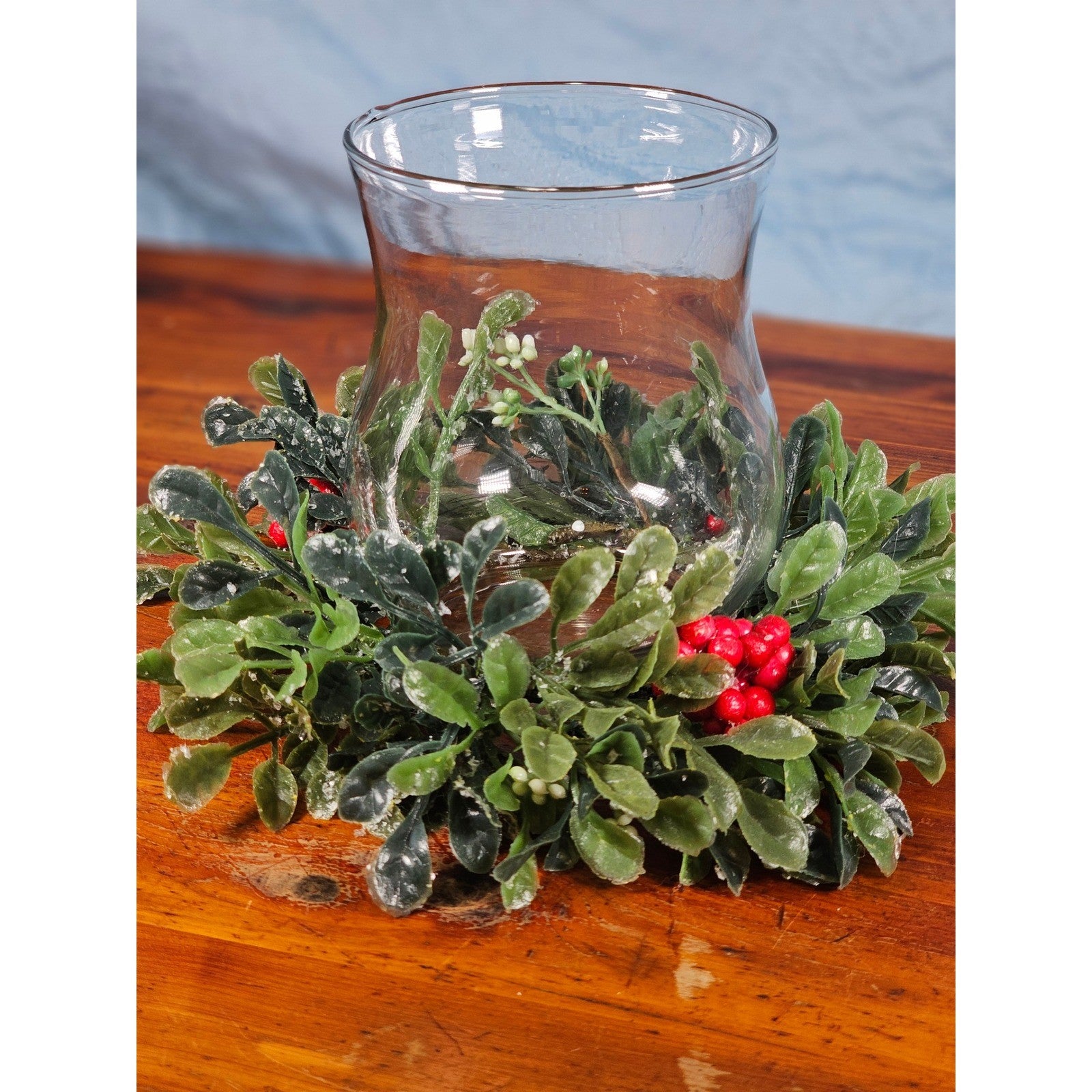 Glass Hurricane Candle Holder with Faux Greenery Ring, 6" Tall Table Decor