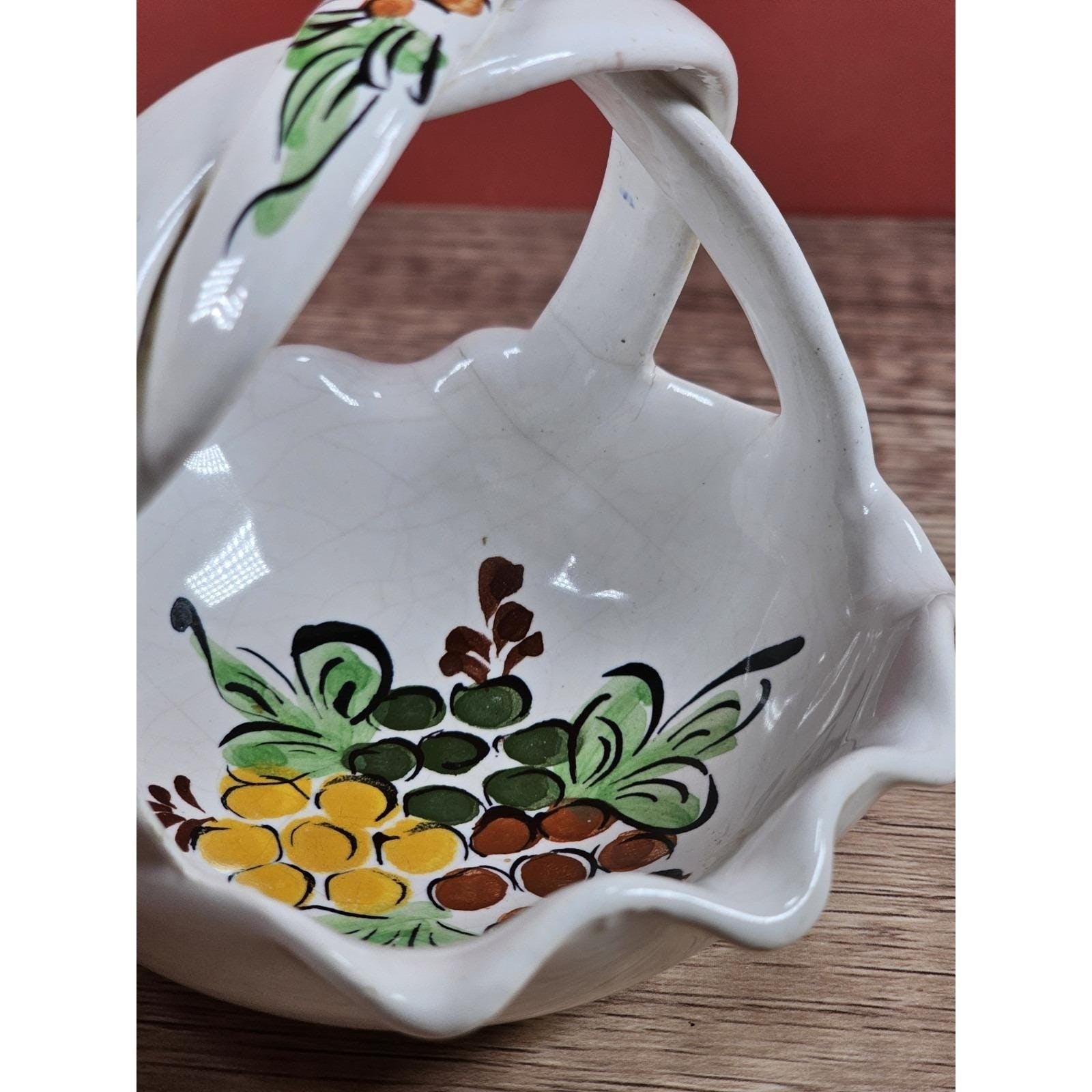 Vintage Portuguese Hand Painted Ceramic Basket with Floral Design