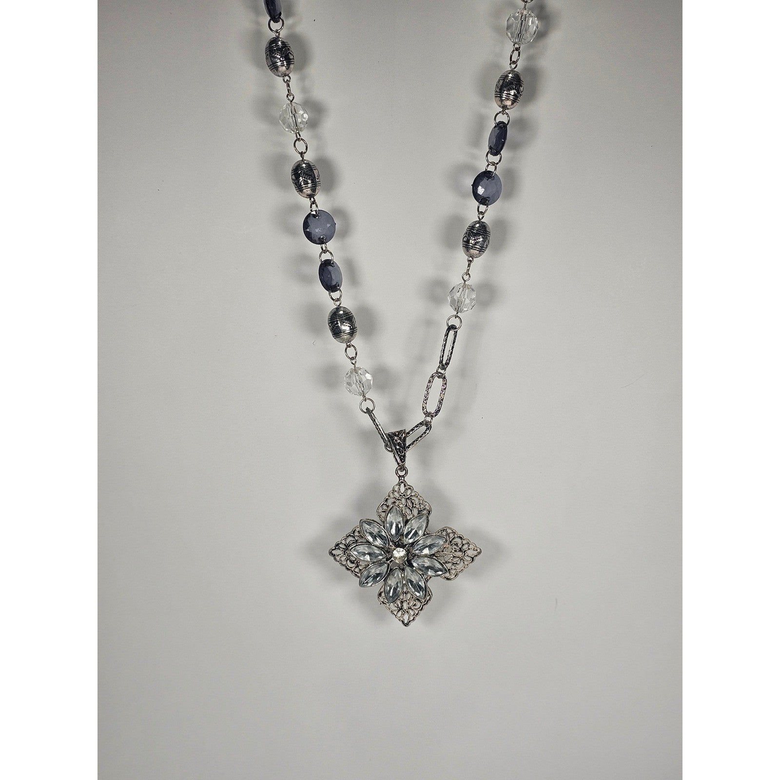 Vintage Silver Tone Crystal Cross Pendant Necklace Beaded Chain