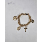 Vintage Gold Tone Religious Charm Bracelet Cross Medal Coin