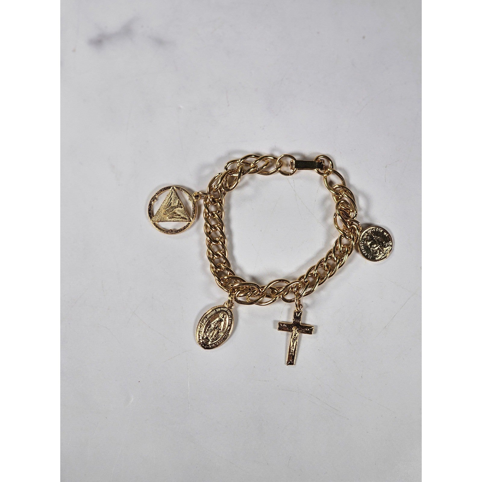 Vintage Gold Tone Religious Charm Bracelet Cross Medal Coin