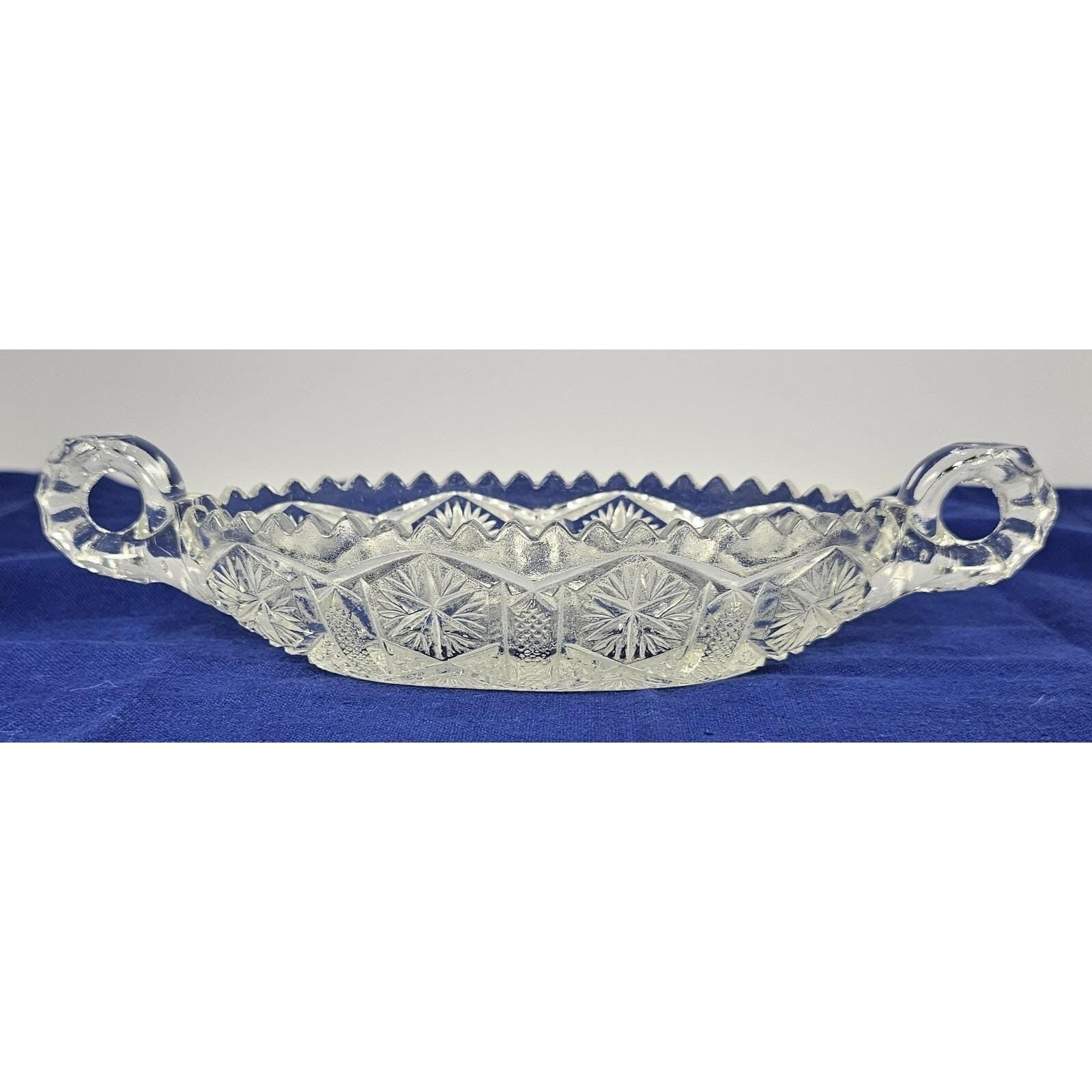 Cut Glass Candy Dish Starburst Pattern Handled Vintage
