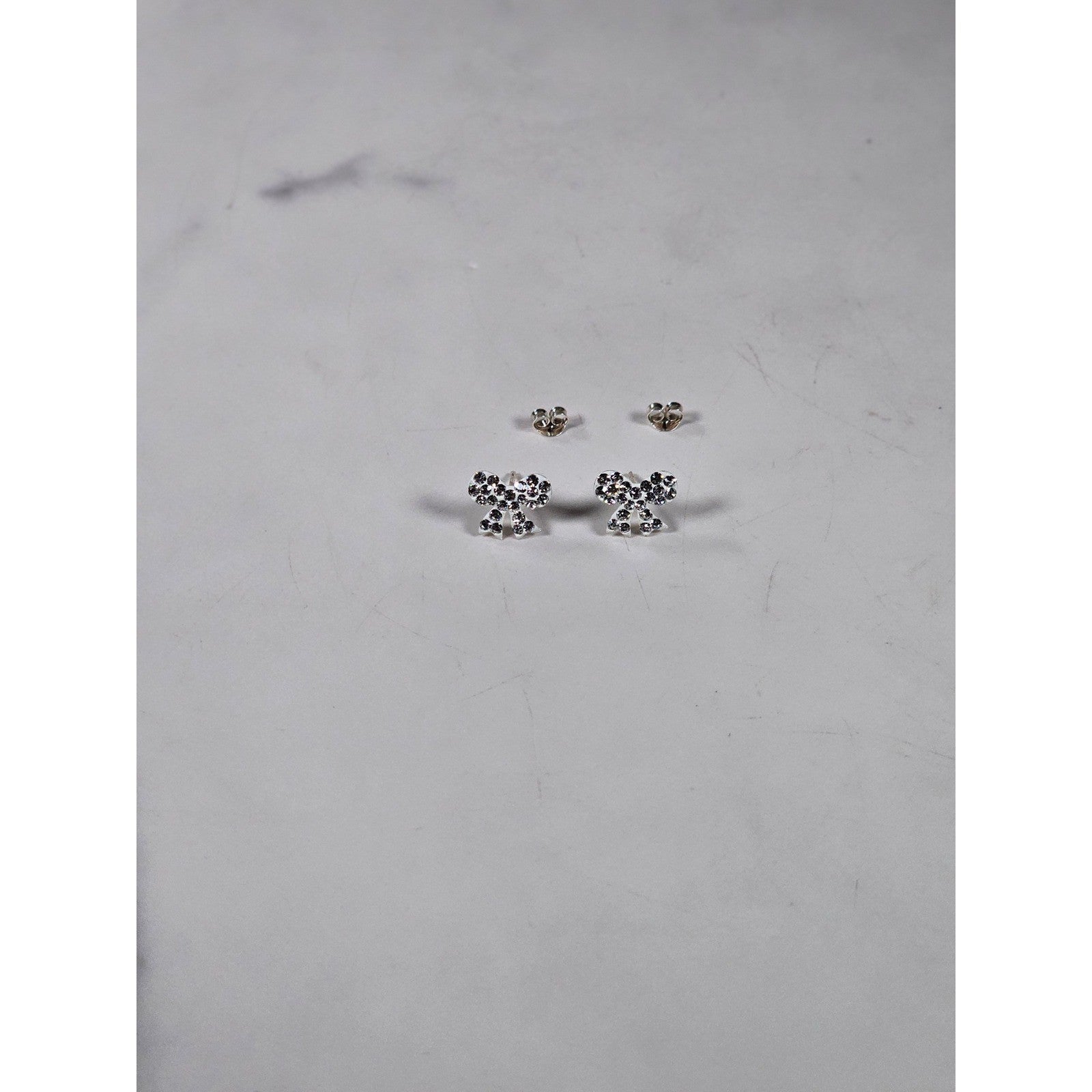 Vintage Rhinestone Bow Stud Earrings Silver Tone