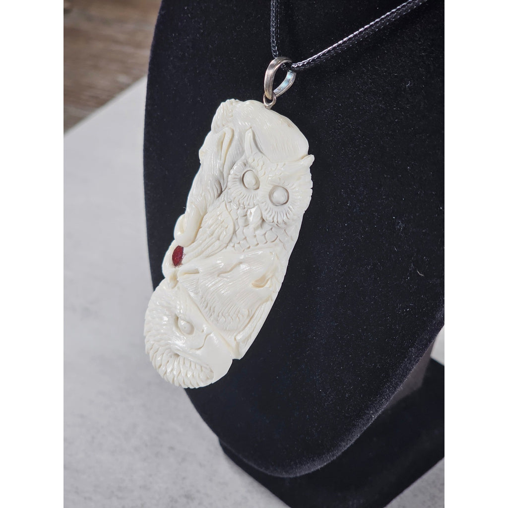 Vintage Carved Pendant Necklace Owl Elephant Red Accent