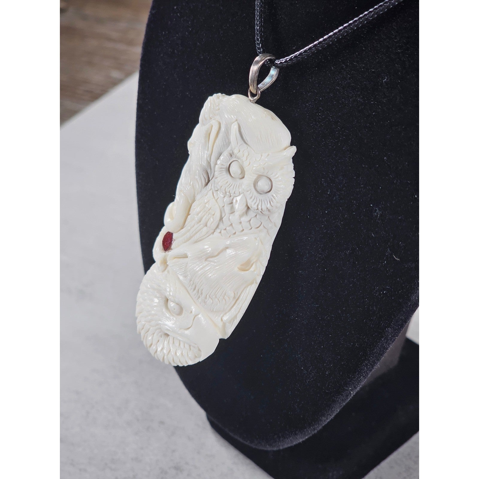 Vintage Carved Pendant Necklace Owl Elephant Red Accent