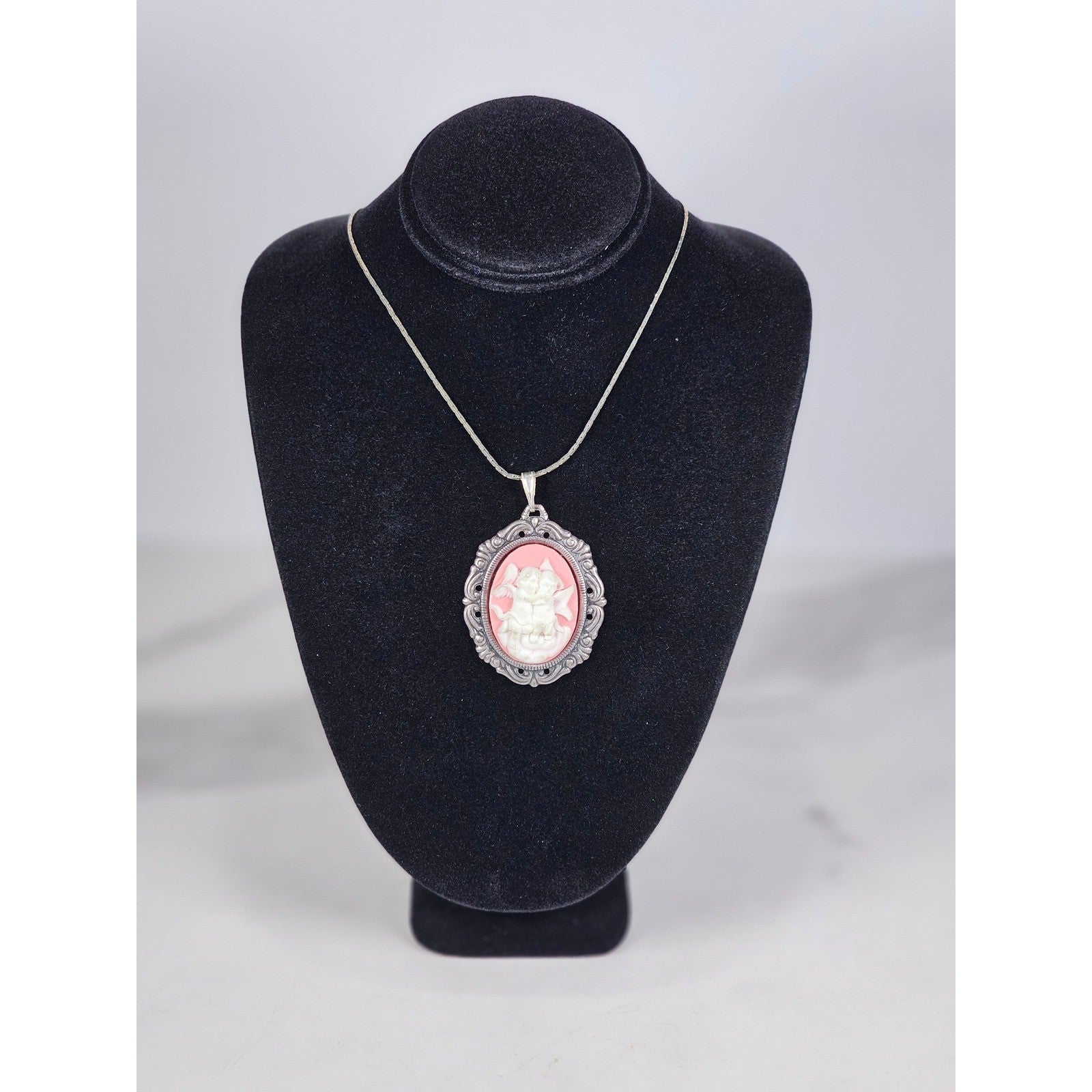 Vintage Pink Cameo Necklace with Two Angels Cherubs Silver Tone Pendant