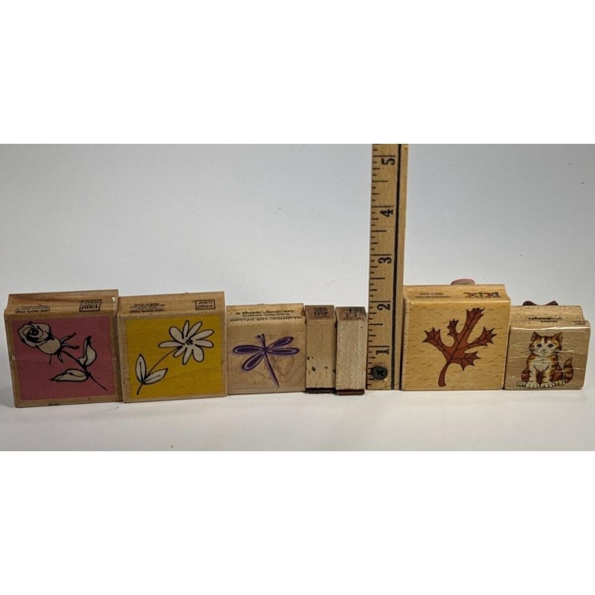 Wood Rubber Stamp Set Cat Rose Dragonfly Asian Symbols Set of 7