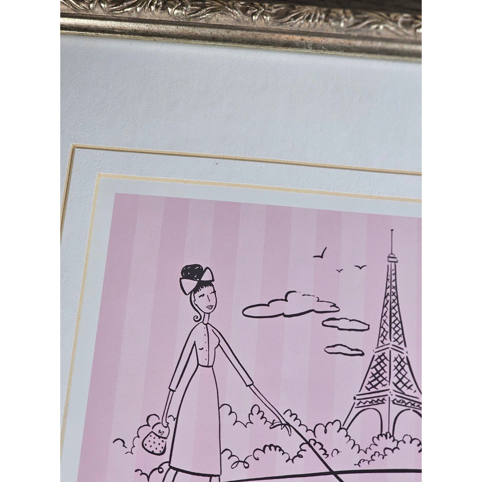 Vintage Paris Eiffel Tower Art Print Framed 13x13 French Poodle Illustration