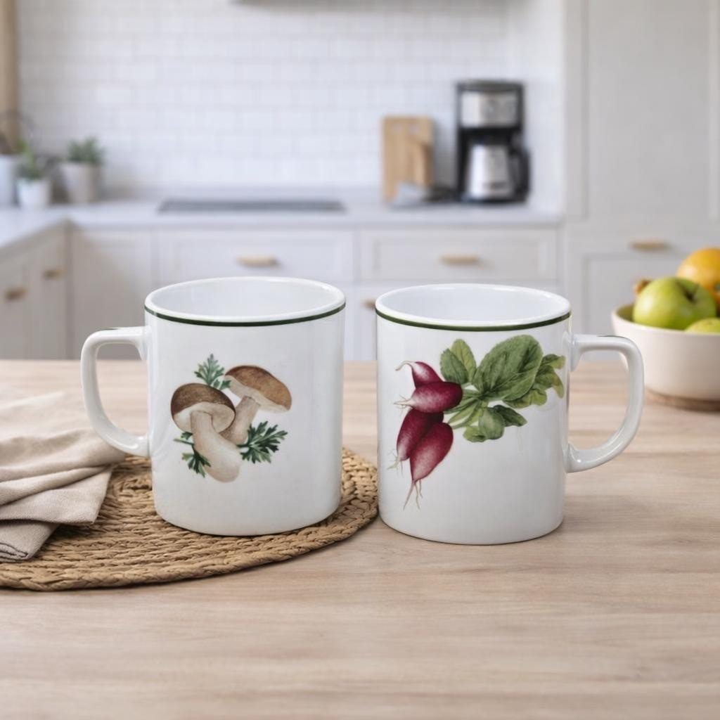 Vintage Lourioux Porcelain Botanical Mugs Set of 2 Radish Mushroom