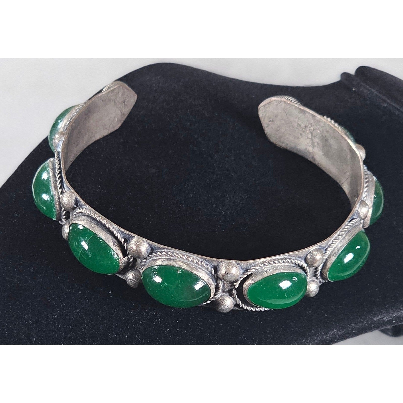 Vintage Green Cabochon Cuff Bracelet Silver Tone Statement