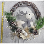 White Deer Christmas Wreath with Pinecones Greenery Snowflakes Rustic Holiday
