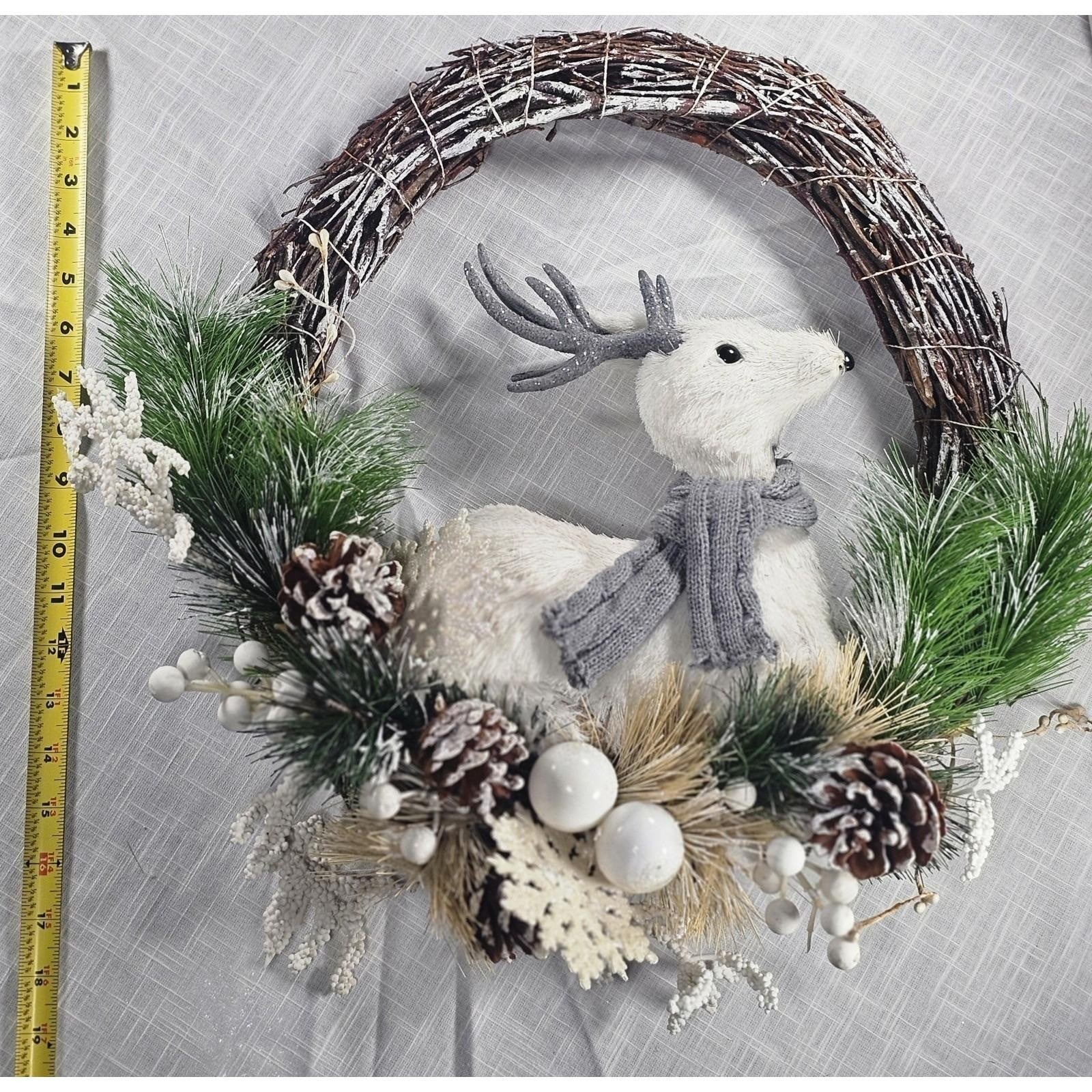 White Deer Christmas Wreath with Pinecones Greenery Snowflakes Rustic Holiday