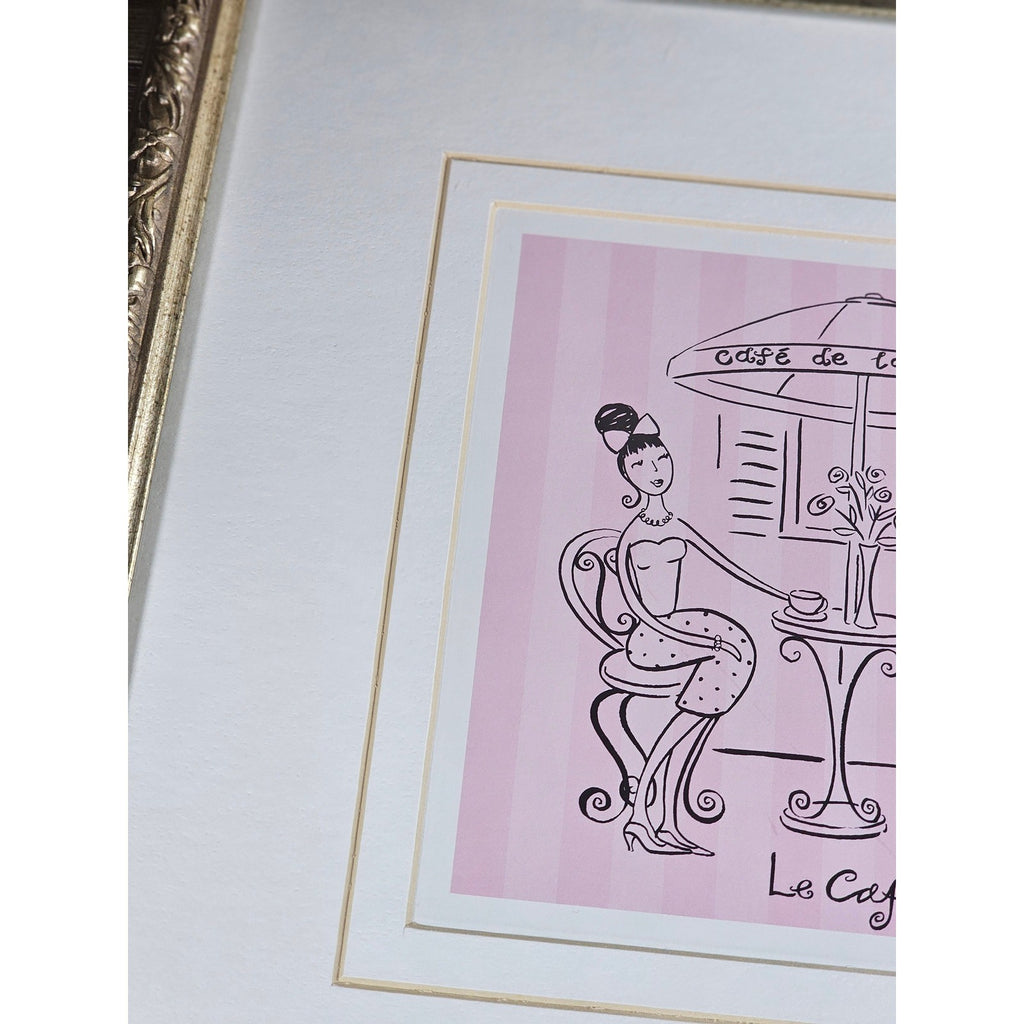 Vintage French Café Framed Art Print Pink Bistro Illustration 13x13