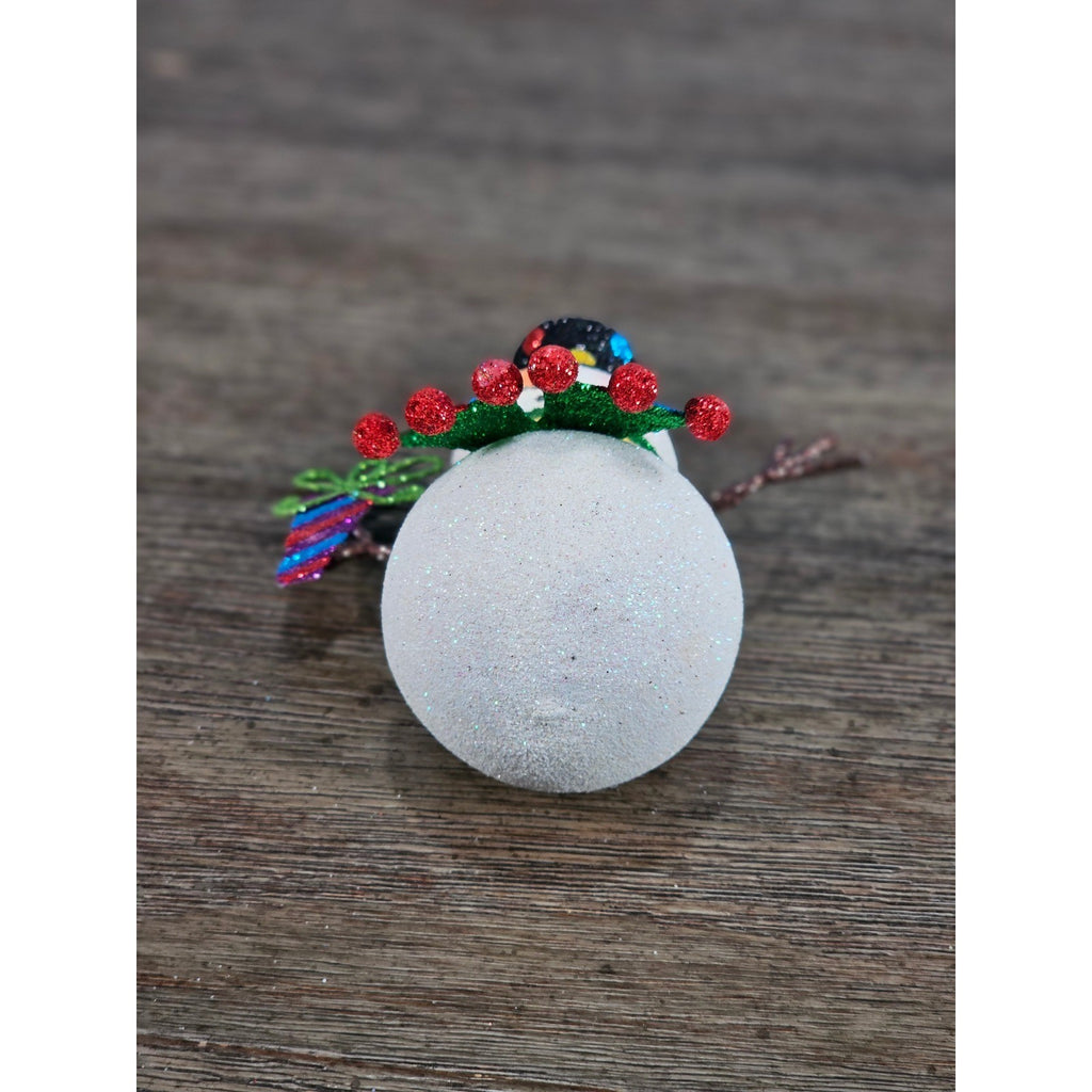 Vintage Glitter Snowman Christmas Ornament Holding Gift