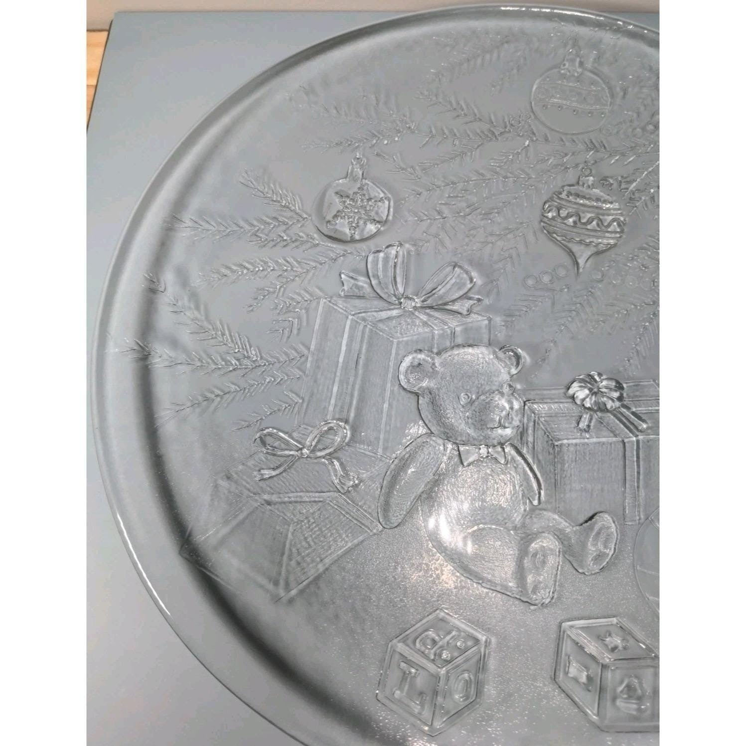 Vintage Christmas Glass Platter Teddy Bear Holiday Serving Plate