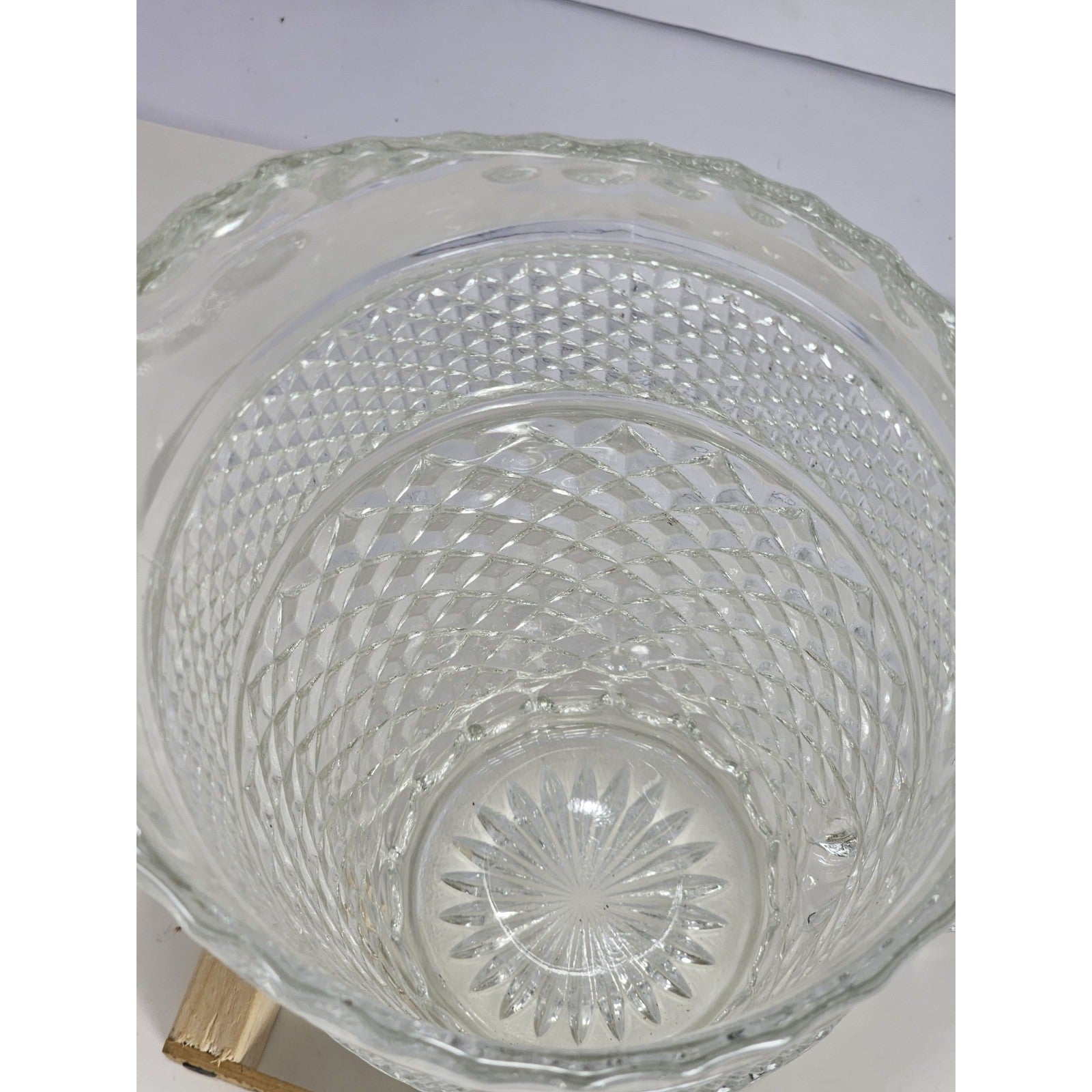 Vintage Heavy Clear Crystal Glass Diamond Pattern Water Pitcher – With Chip