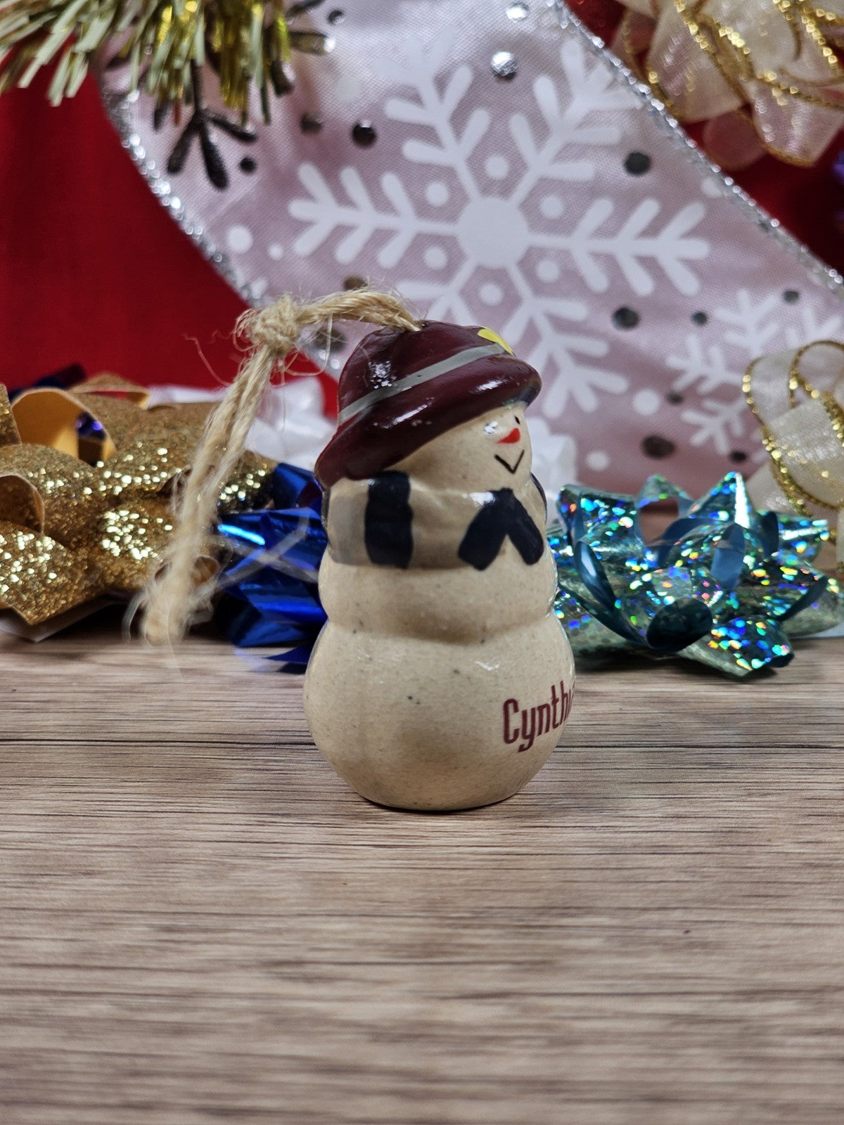 Vintage Snowwoman Christmas Ornament 2" Tall Personalized Name Cynthia Folk Art