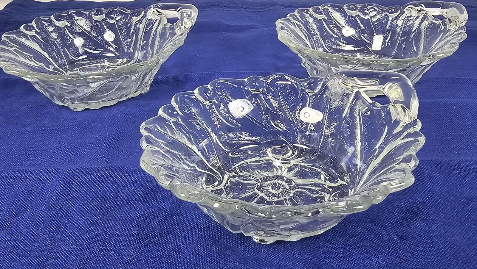 Set of 3, Indiana Glass Clear Wild Rose Handled Nappy 5 1/8" Bowl