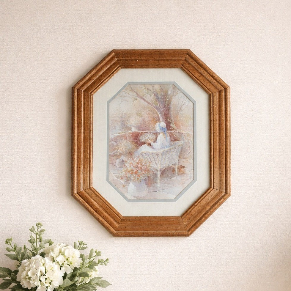 Vintage Framed Pastoral Art Print Octagon Wood Frame Cottage Garden Scene