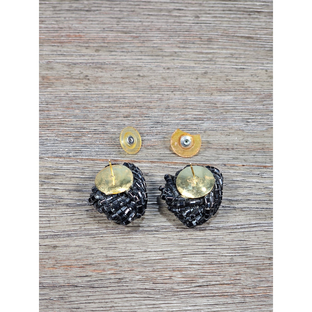 Vintage Black Beaded Knot Stud Earrings Gold Tone Post Statement