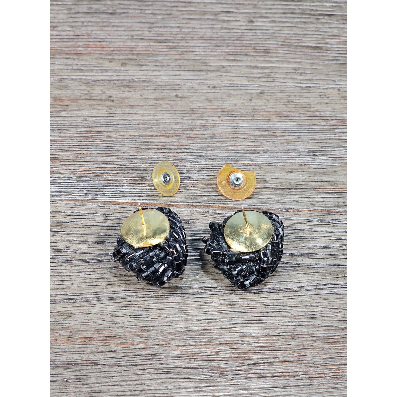 Vintage Black Beaded Knot Stud Earrings Gold Tone Post Statement