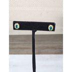 Vintage Green Oval Stud Earrings Gold Tone Halo Rhinestones