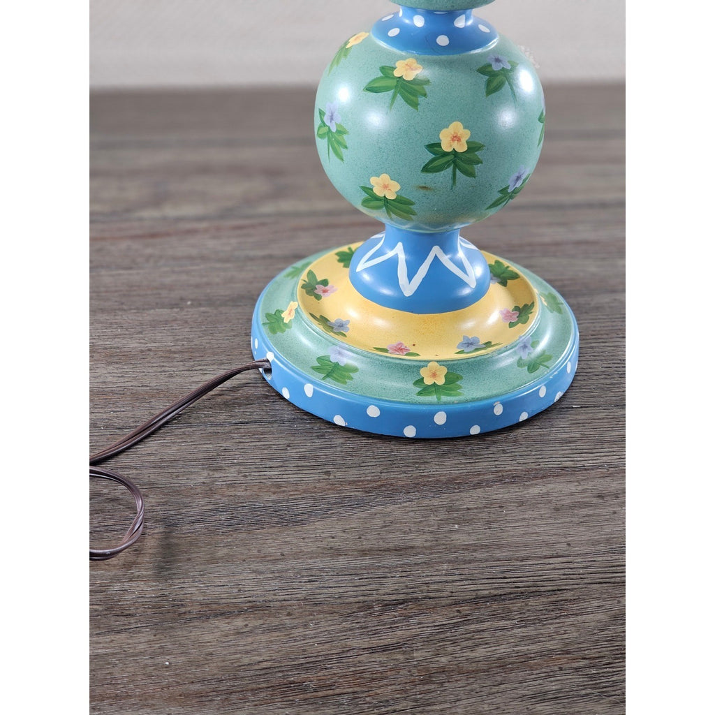 Vintage Hand Painted Wood Table Lamp Floral Blue Yellow Polka Dot