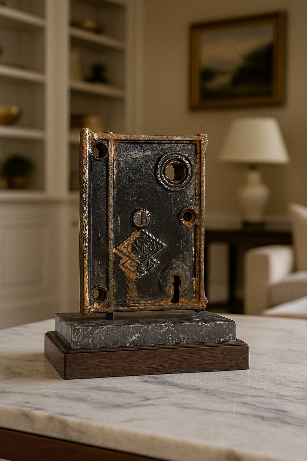 Antique Pye Co Cast-Iron Rim Lock with Aged Patina 4"x3"x0.5"