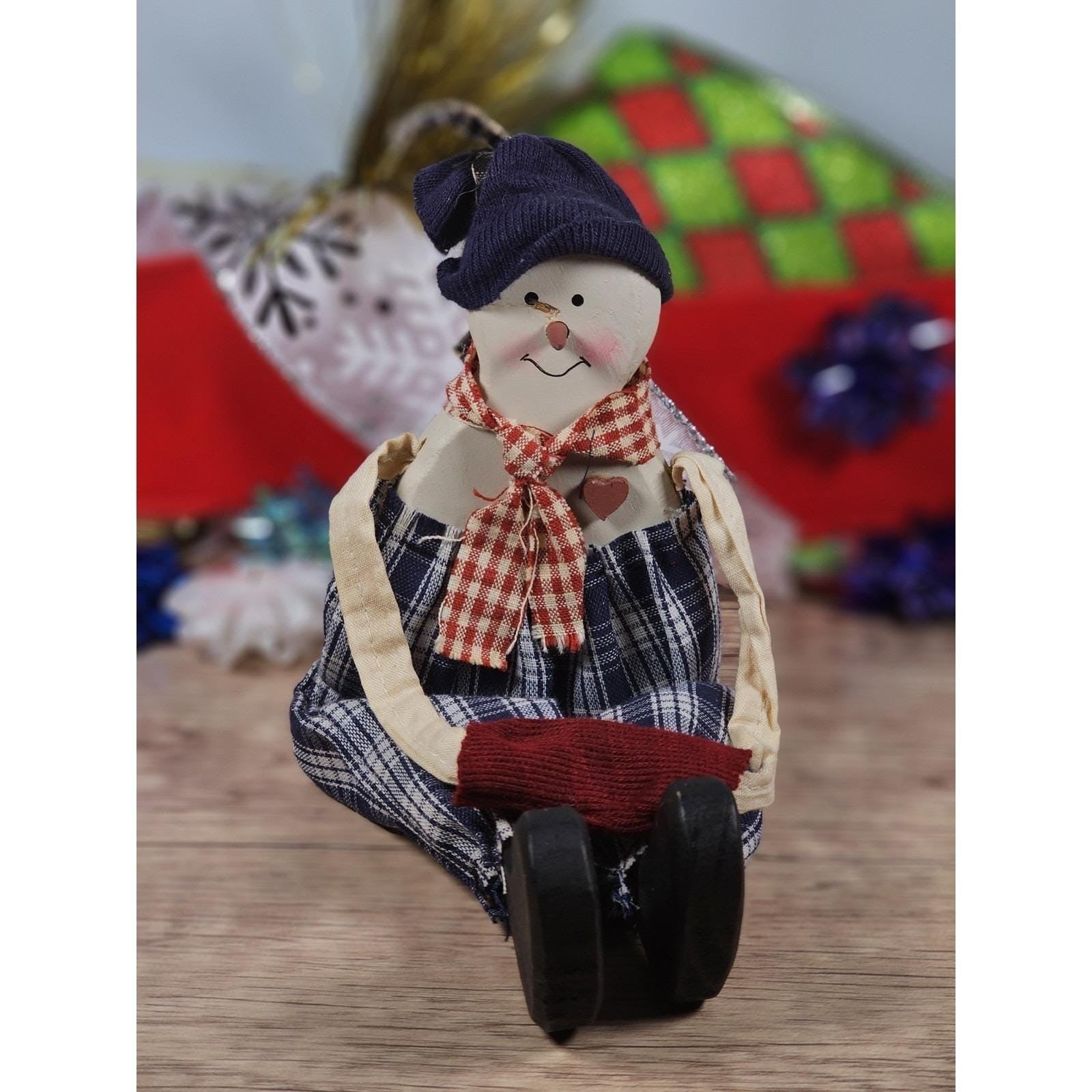 Snowman Figurine Vintage 1980s Fabric Wood Christmas Decor