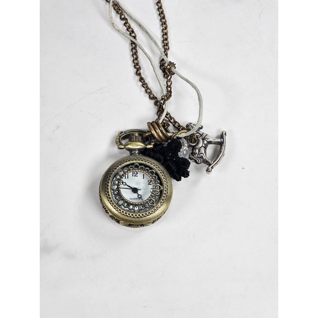Vintage Pocket Watch Necklace Long Chain Eiffel Tower Charm Quartz