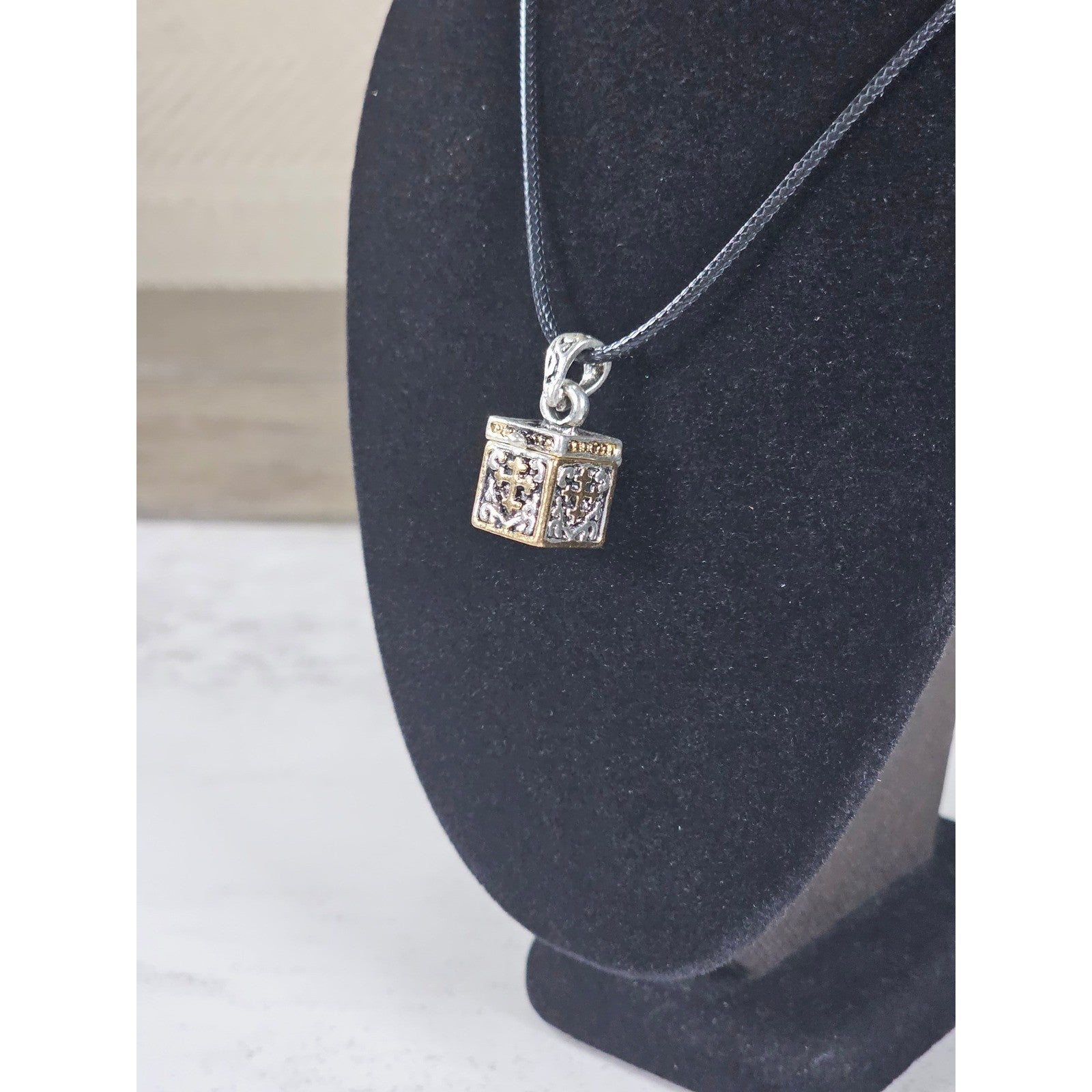 Vintage Cross Prayer Box Necklace Gold Tone Silver Religious Charm