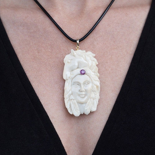 Carved Face Pendant Necklace With Purple Stone Accent Vintage Style