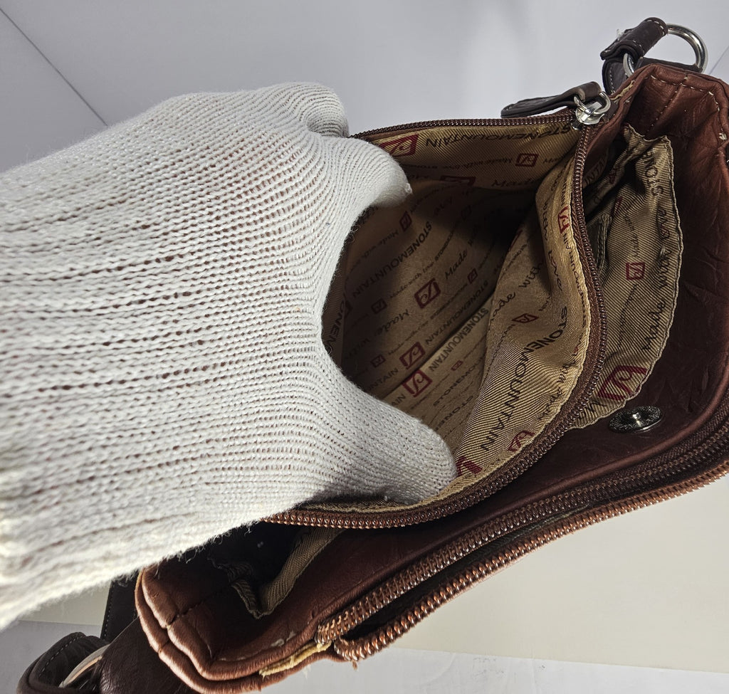 Stone & Co Shoulder Bag Purse Faux Leather Brown Cognac Zip Pockets