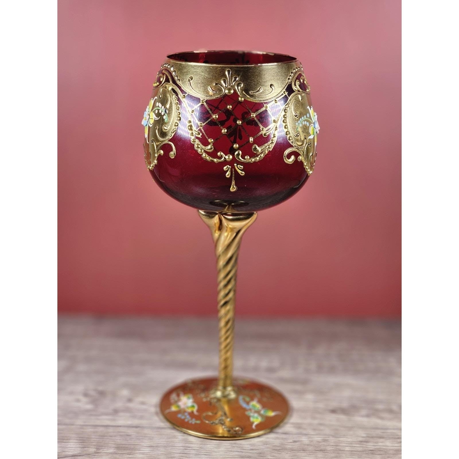 Vintage Gold Enameled Wine Glass Twisted Stem 8.75" Hand Painted
