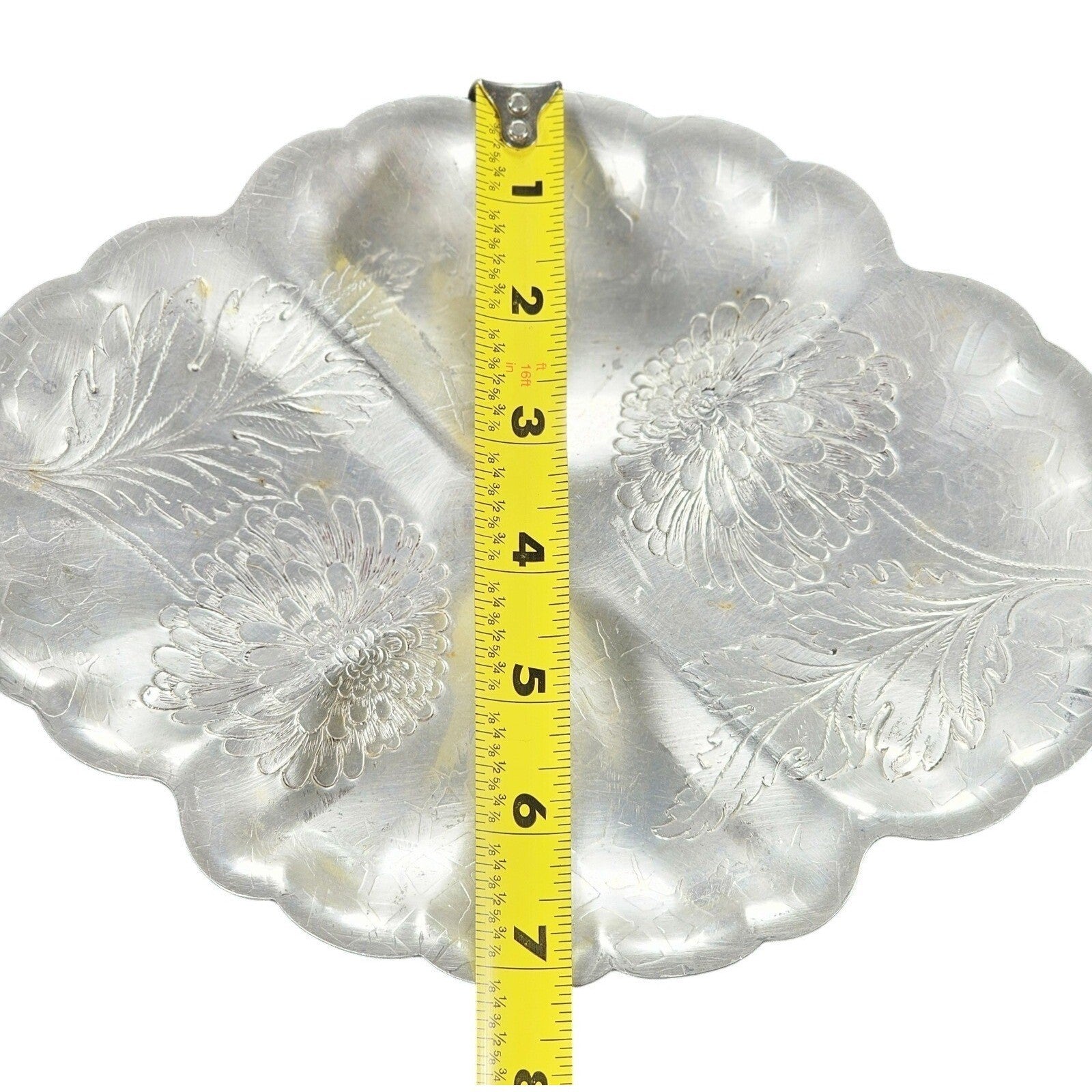 Vintage Etched Aluminum Oval Sectioned Tray By Forman For Family 9.5" Floral Des