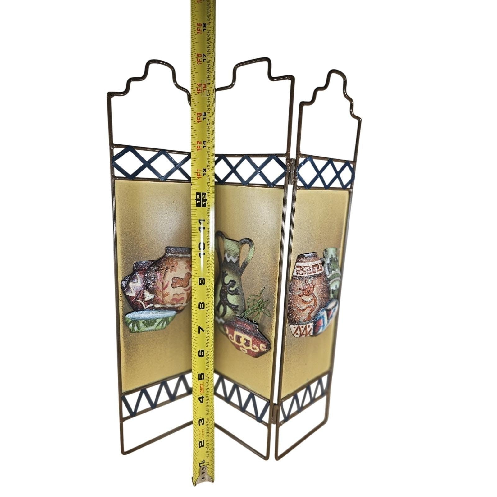 Decorative Trifold Folding Screen Ceramic Style Panel Bronze Blue Accent