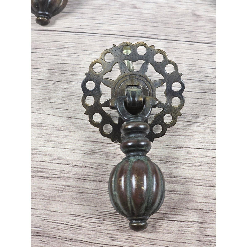 Vintage Brass Bronze Drawer Knobs Set 3 Ornate Cabinet Pulls