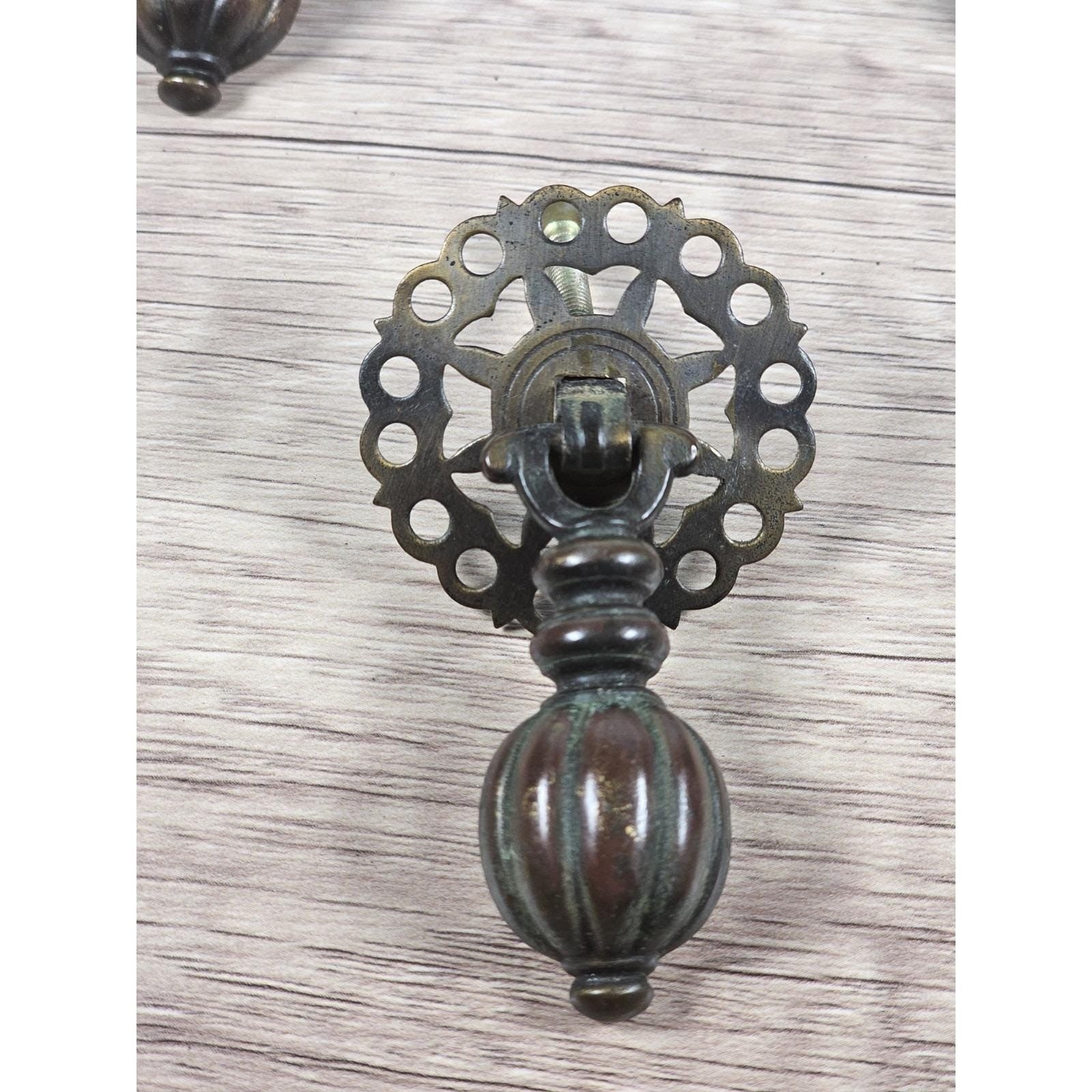 Vintage Brass Bronze Drawer Knobs Set 3 Ornate Cabinet Pulls