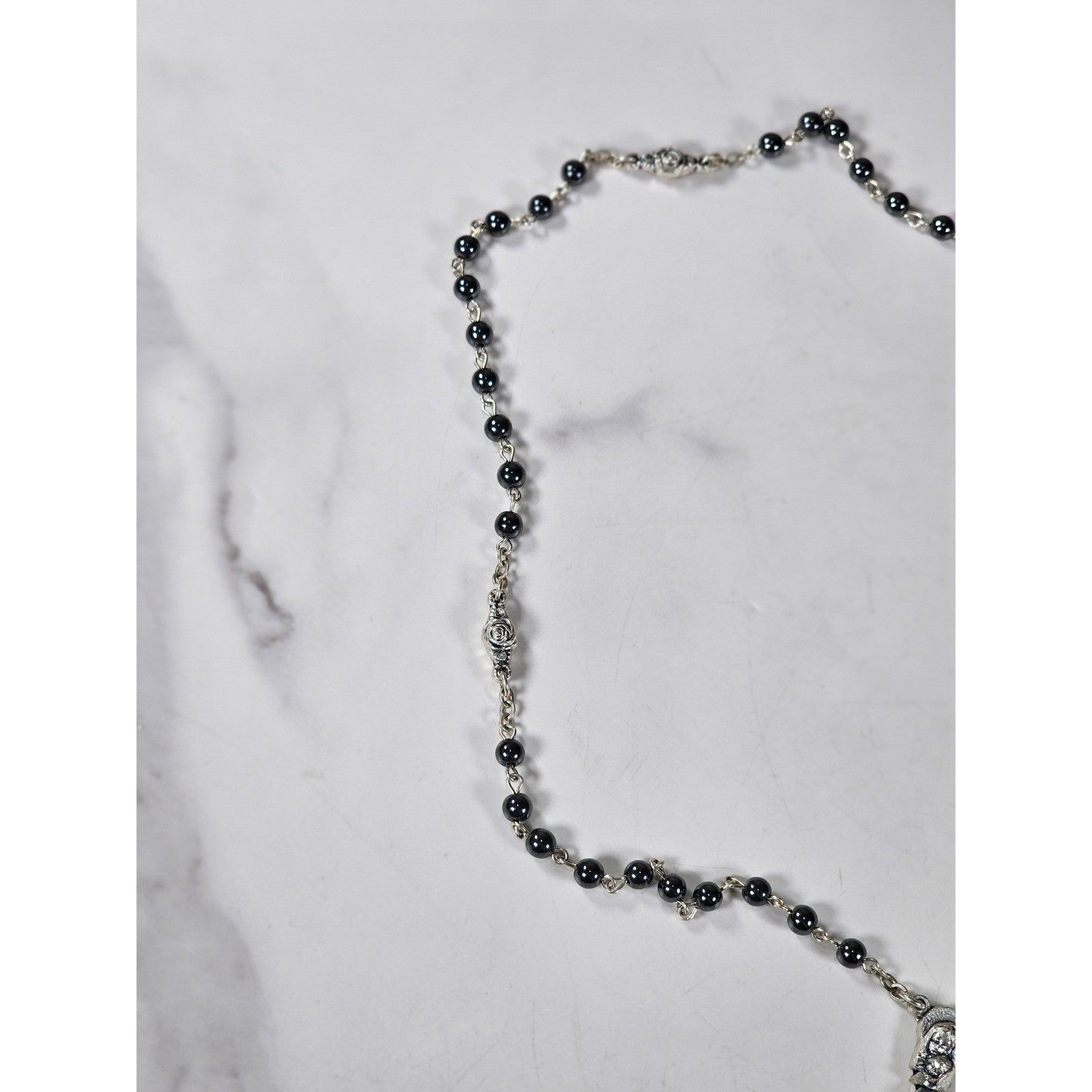 Vintage Black Bead Rosary Necklace Silver Tone Crucifix Catholic